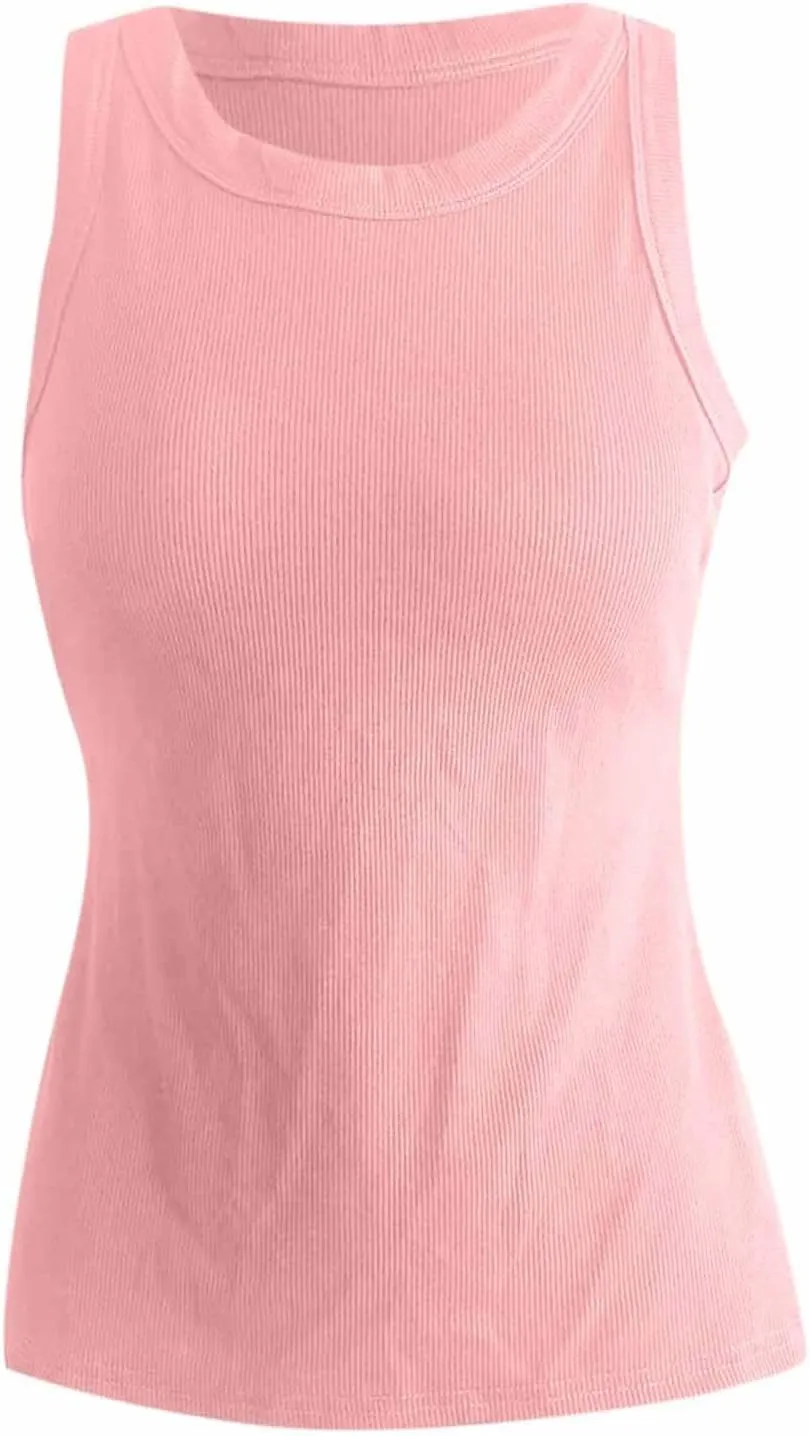 Ribbed Tank Tops for Women Built in Bra High Neck Racerback Shelf Bra Summer Cami Yoga Shirts Sleeveless Undershirt