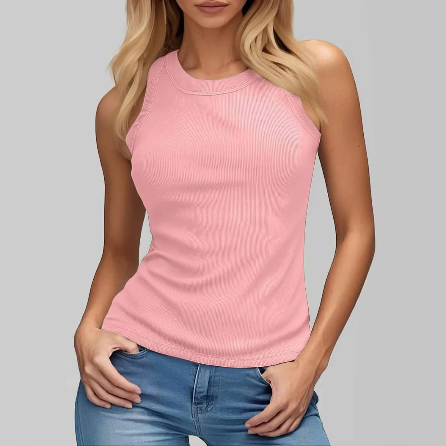 Ribbed Tank Tops for Women Built in Bra High Neck Racerback Shelf Bra Summer Cami Yoga Shirts Sleeveless Undershirt