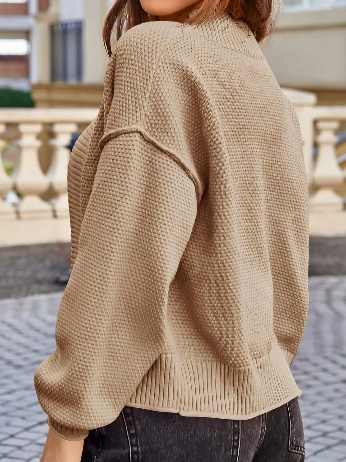 Saodimallsu Womens Waffle Knit Cardigan Puff Long Sleeve Oversized Casual Short Open Front Sweater