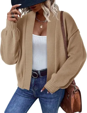 Saodimallsu Womens Waffle Knit Cardigan Puff Long Sleeve Oversized Casual Short Open Front Sweater