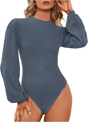 SweatyRocks Women's Mock Turtle Neck Bishop Sleeve Slim fit T Shirt Tops Bodysuit Jumpsuit