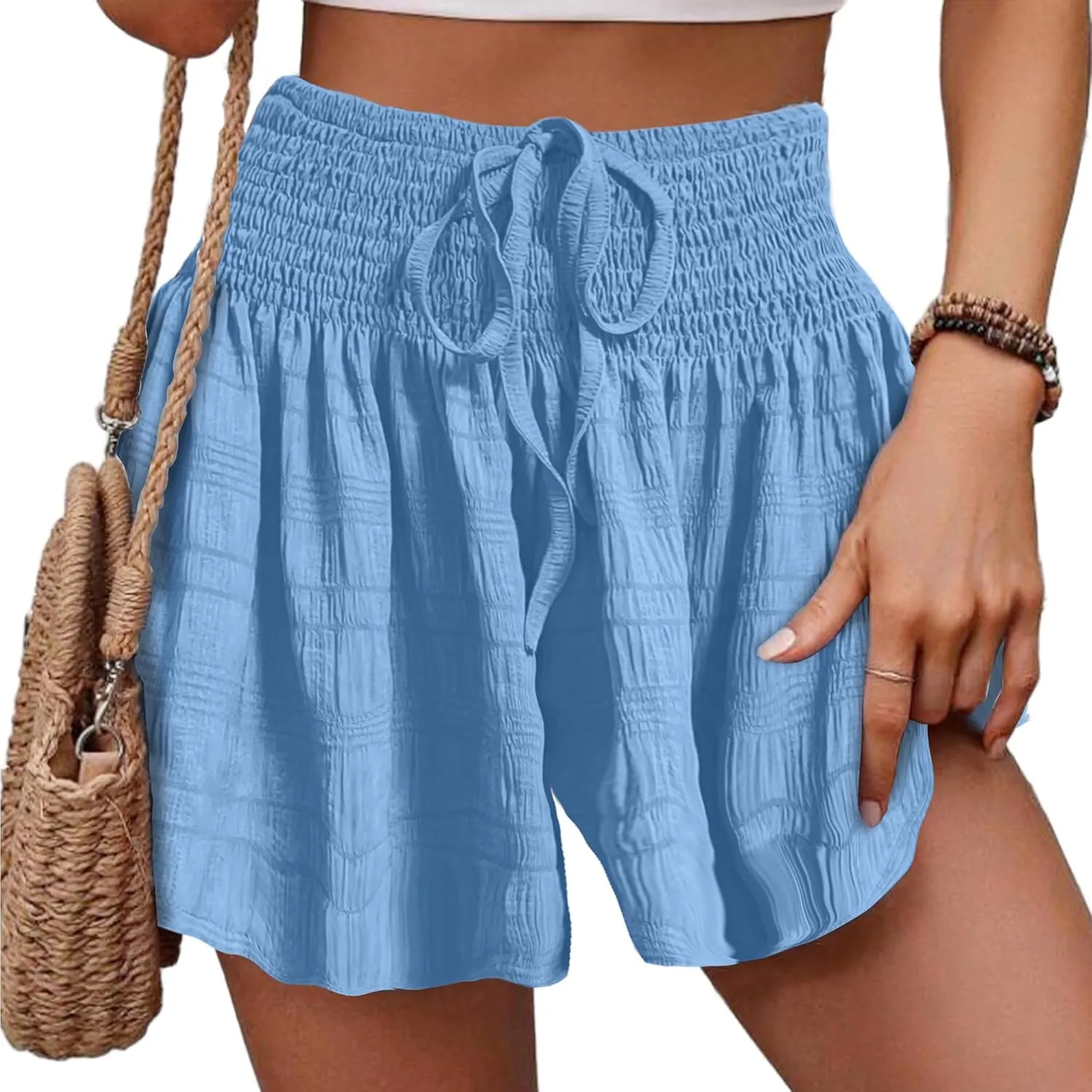 TCHH-DayUp Women Linen Shorts High Waisted Flowy Casual Shorts Wide Leg Summer Beach Lounge Shorts Comfy Cute Elastic Shorts