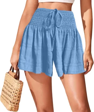 TCHH-DayUp Women Linen Shorts High Waisted Flowy Casual Shorts Wide Leg Summer Beach Lounge Shorts Comfy Cute Elastic Shorts