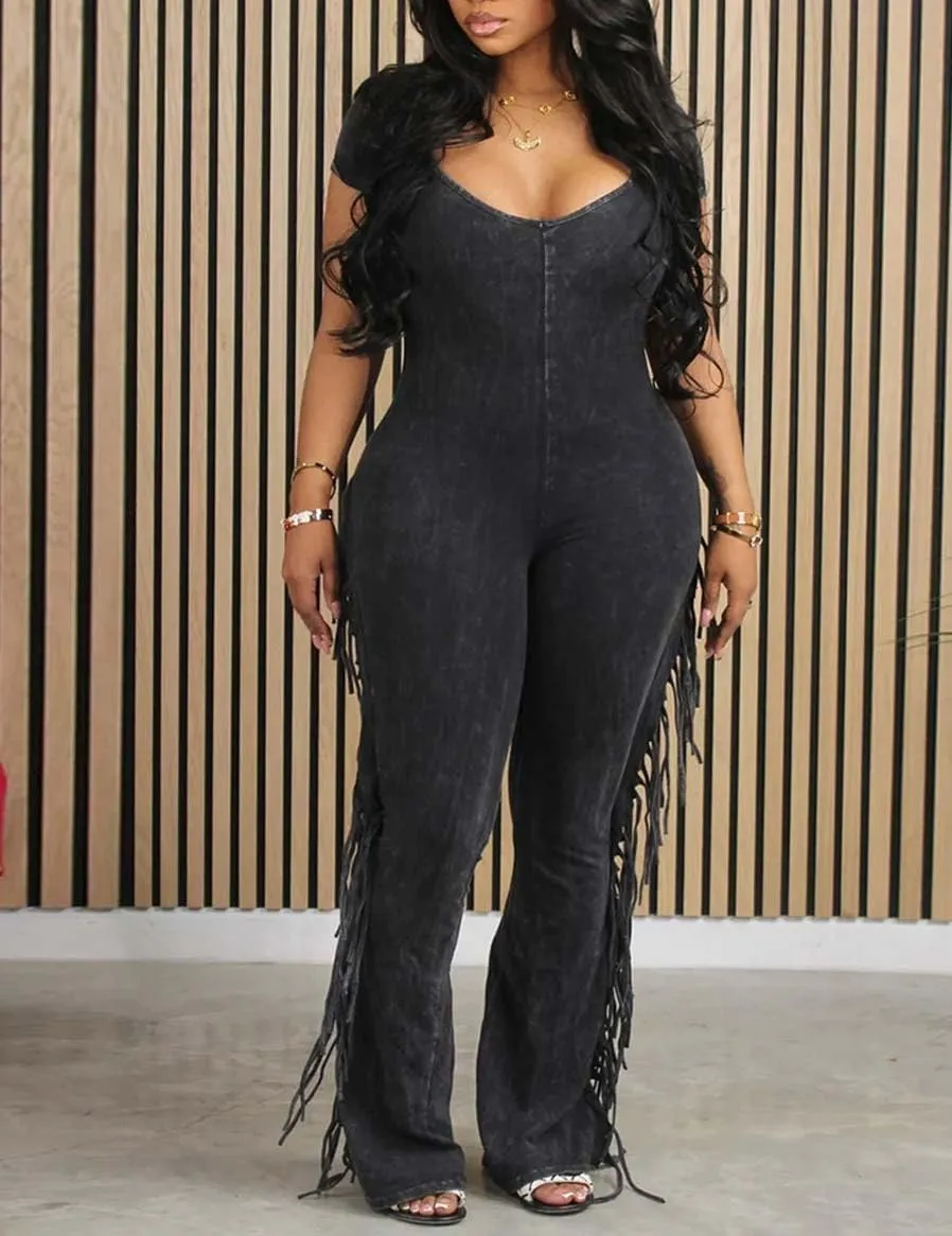 WOKANSE Women's Jumpsuit Short Sleeve Tassels Fringe Pullover High Waist Bell Bottom Long Pants Casual Work Rompers