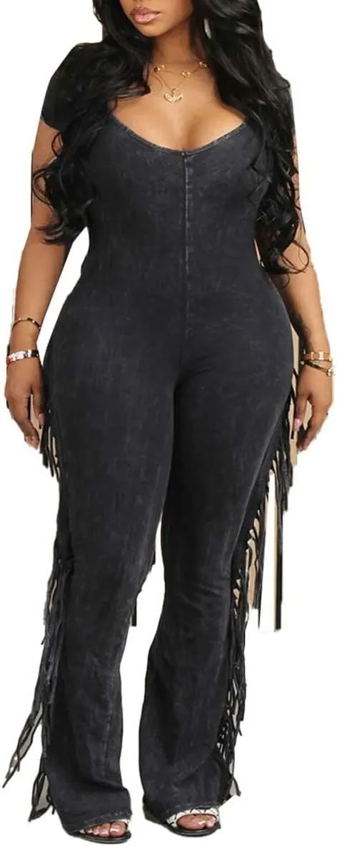 WOKANSE Women's Jumpsuit Short Sleeve Tassels Fringe Pullover High Waist Bell Bottom Long Pants Casual Work Rompers