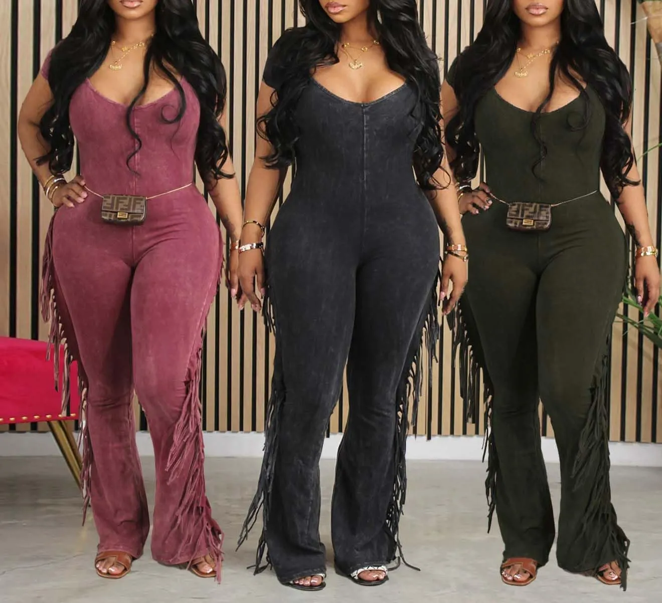 WOKANSE Women's Jumpsuit Short Sleeve Tassels Fringe Pullover High Waist Bell Bottom Long Pants Casual Work Rompers