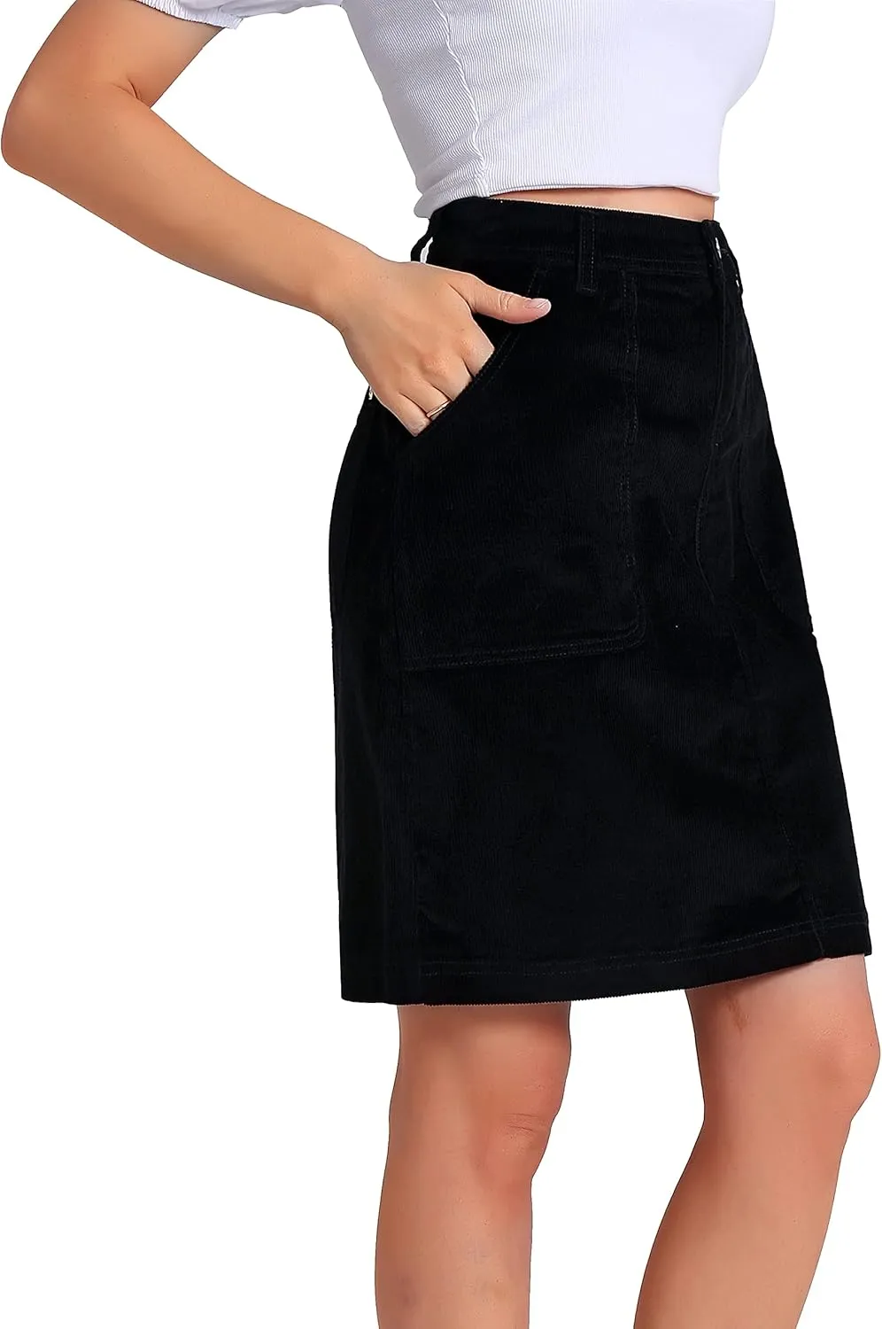 Women Corduroy Skirts Knee Length Ladies High Waisted Stretchy Denim Casual Mid Skirt Wiht Pockets