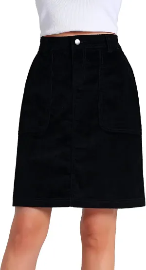 Women Corduroy Skirts Knee Length Ladies High Waisted Stretchy Denim Casual Mid Skirt Wiht Pockets