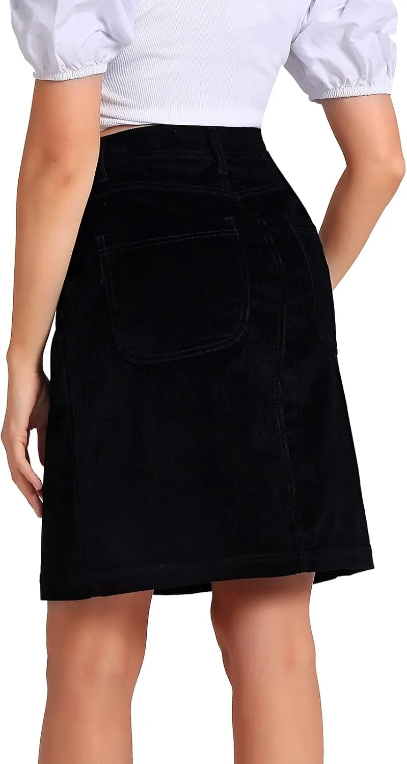 Women Corduroy Skirts Knee Length Ladies High Waisted Stretchy Denim Casual Mid Skirt Wiht Pockets
