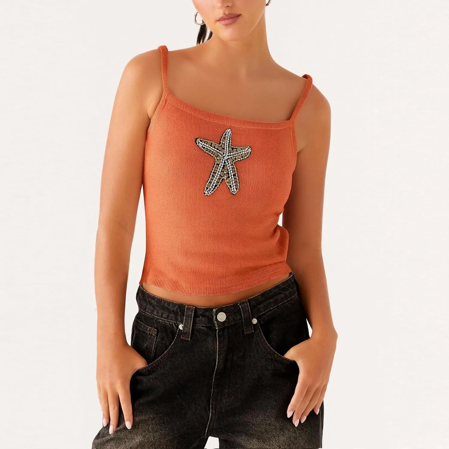 Women Starfish Knit Tank Top Y2k Teen Girl Sleeveless Backless Cropped Top Spaghetti Strap Slim Fit Cami Tops