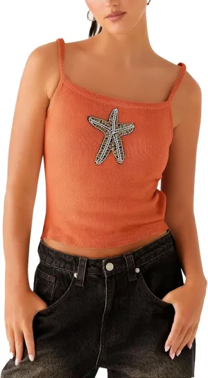 Women Starfish Knit Tank Top Y2k Teen Girl Sleeveless Backless Cropped Top Spaghetti Strap Slim Fit Cami Tops