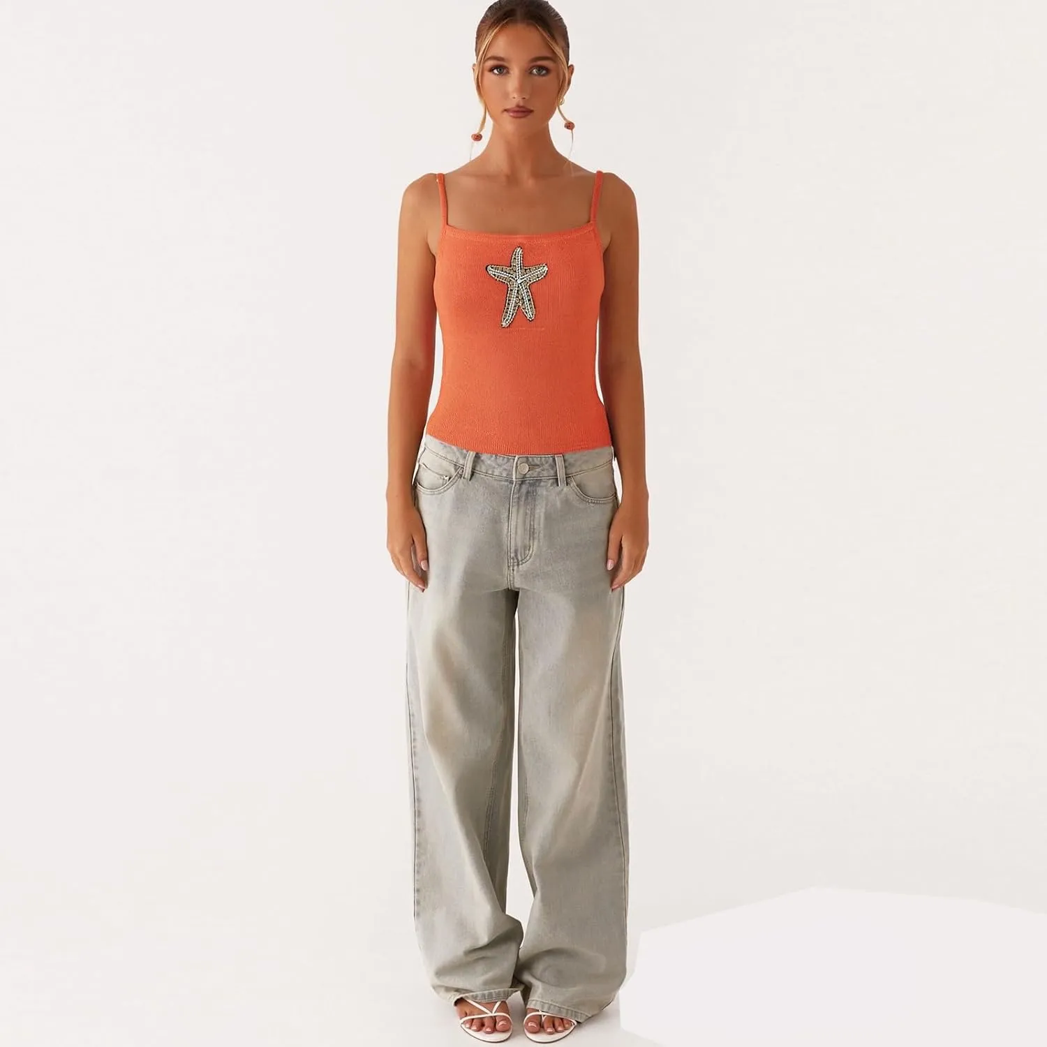 Women Starfish Knit Tank Top Y2k Teen Girl Sleeveless Backless Cropped Top Spaghetti Strap Slim Fit Cami Tops