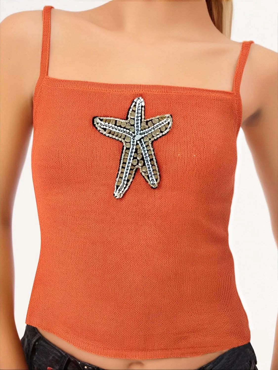 Women Starfish Knit Tank Top Y2k Teen Girl Sleeveless Backless Cropped Top Spaghetti Strap Slim Fit Cami Tops