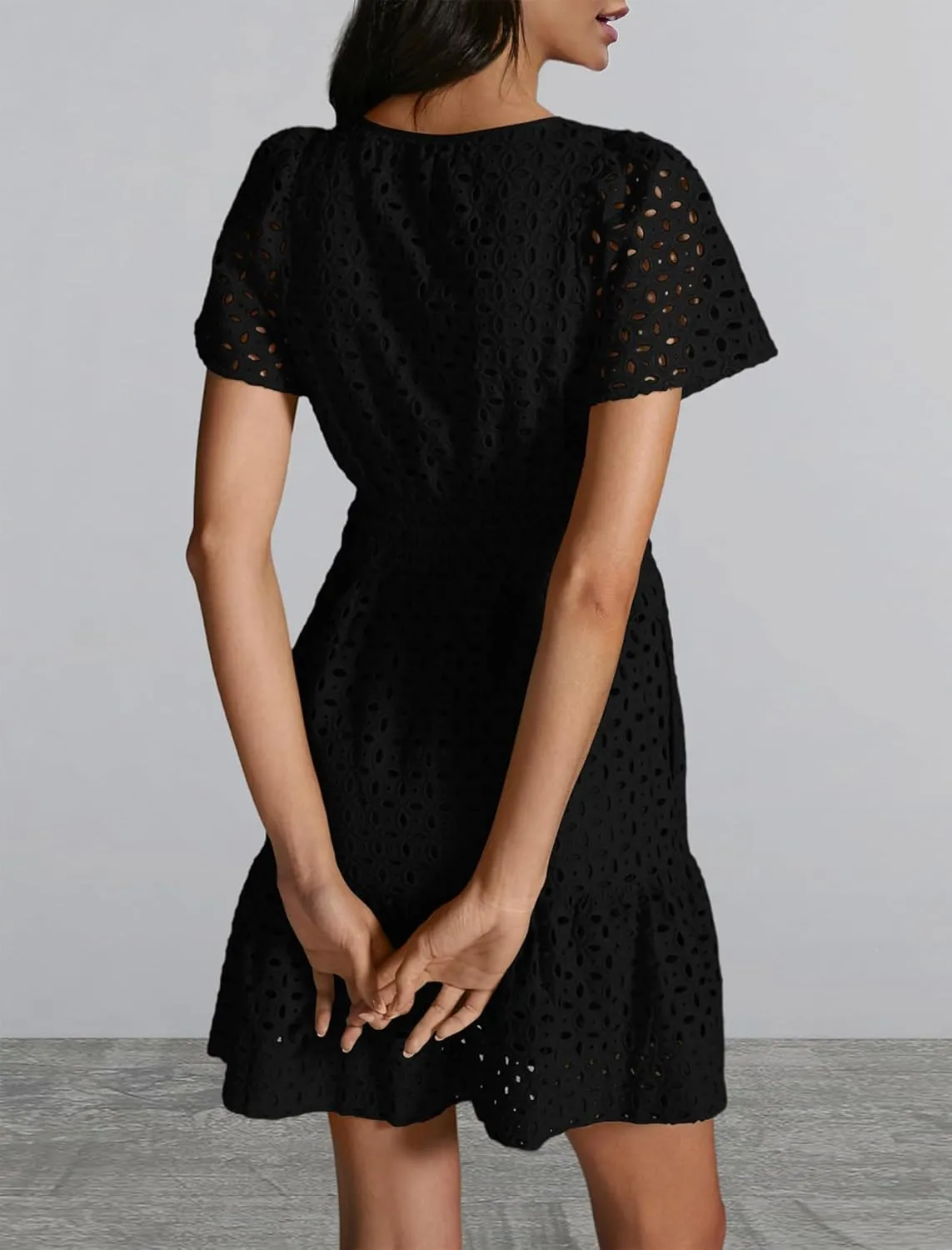 Women's 2024 Summer Short Sleeve Dress V Neck A Line Hollow Out Short Dress Cute Casual Beach Party Cocktail Dresses