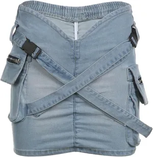 Women's Cargo Mini Denim Skirt Belt Low Waist Ruched Jean Skirt Summer Vintage Party Club Denim Skirt with Pockets