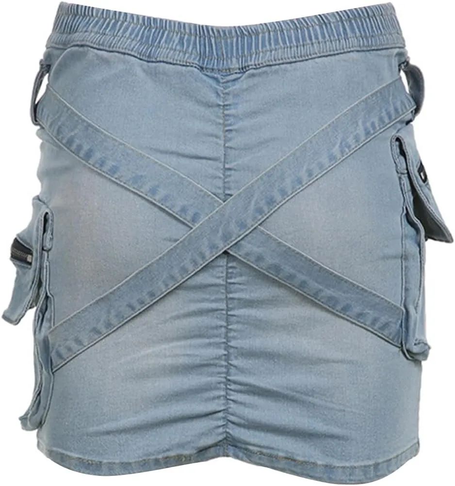 Women's Cargo Mini Denim Skirt Belt Low Waist Ruched Jean Skirt Summer Vintage Party Club Denim Skirt with Pockets