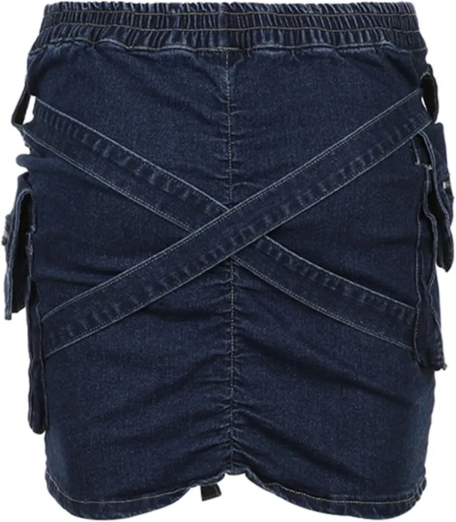 Women's Cargo Mini Denim Skirt Belt Low Waist Ruched Jean Skirt Summer Vintage Party Club Denim Skirt with Pockets