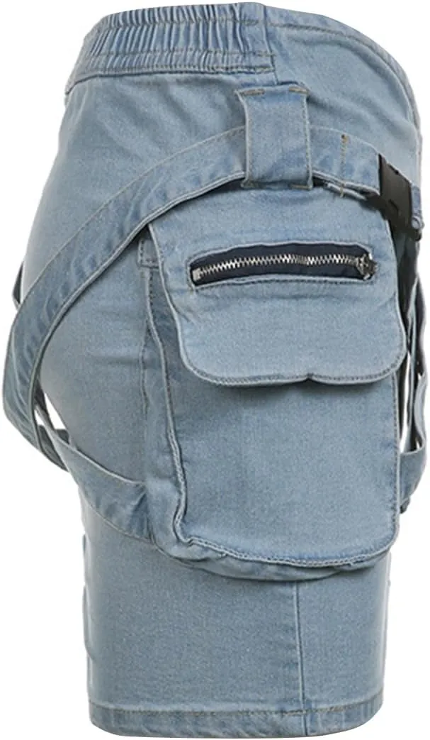 Women's Cargo Mini Denim Skirt Belt Low Waist Ruched Jean Skirt Summer Vintage Party Club Denim Skirt with Pockets