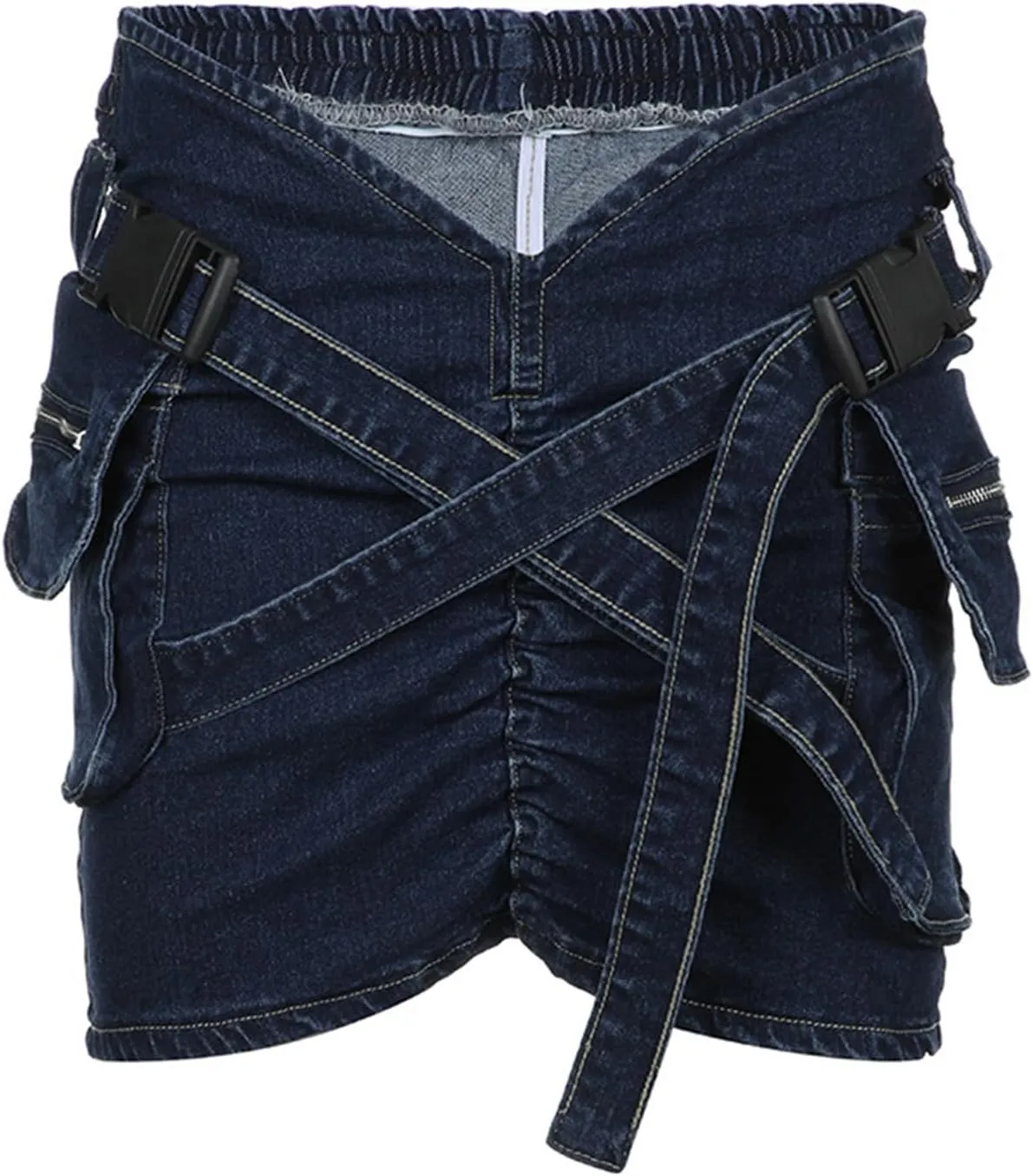 Women's Cargo Mini Denim Skirt Belt Low Waist Ruched Jean Skirt Summer Vintage Party Club Denim Skirt with Pockets
