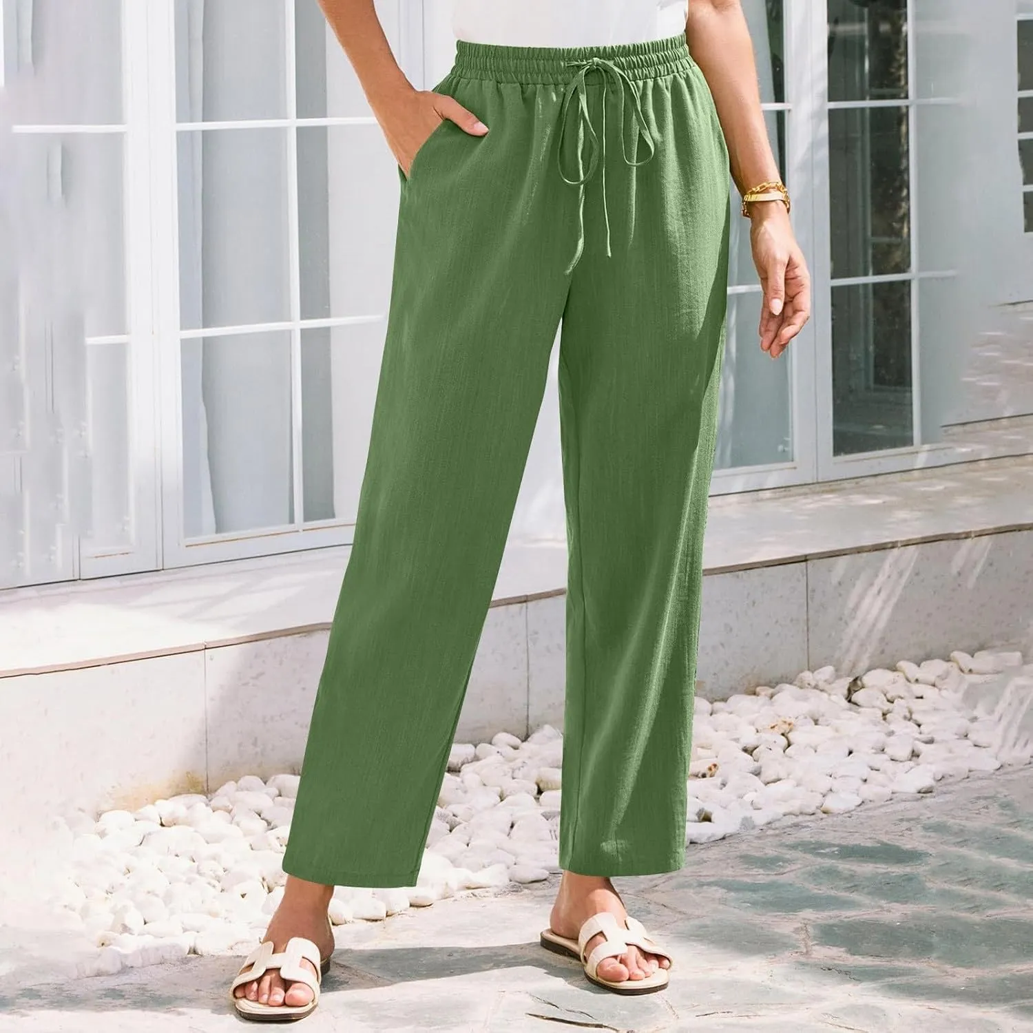 Womens Cotton Linen Elastic Drawstring Straight Leg Pants 2025 Summer Casual Trousers with Pockets Plain Beach Lounge Clothes