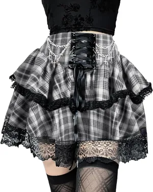 Womens Mini Gothic Skirt Tie Waist Lace Up Double Layered Ruffles Y2k Punk Emo Skirt with Chain