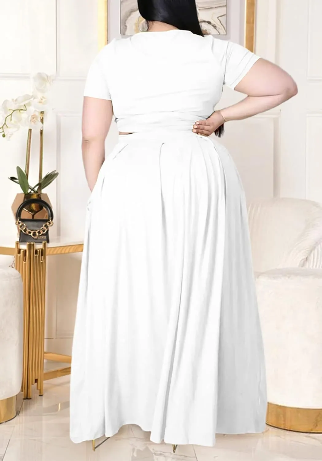 Womens Sexy Plus Size 2 Piece Dress Outfits Short Sleeve Bandage Wrap Empire Crop Tops and Skirt Sets