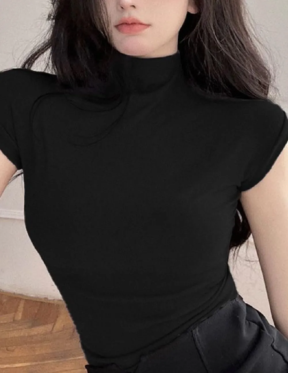 Womens Short Sleeve Knit Mock Neck Slim Fitted Ruched Basic Tees Tee Shirt S-L