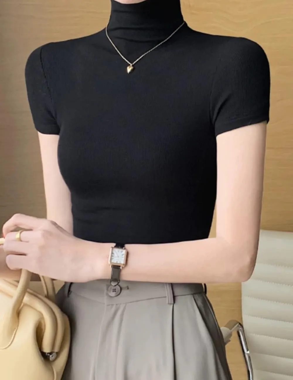 Womens Short Sleeve Knit Mock Neck Slim Fitted Ruched Basic Tees Tee Shirt S-L