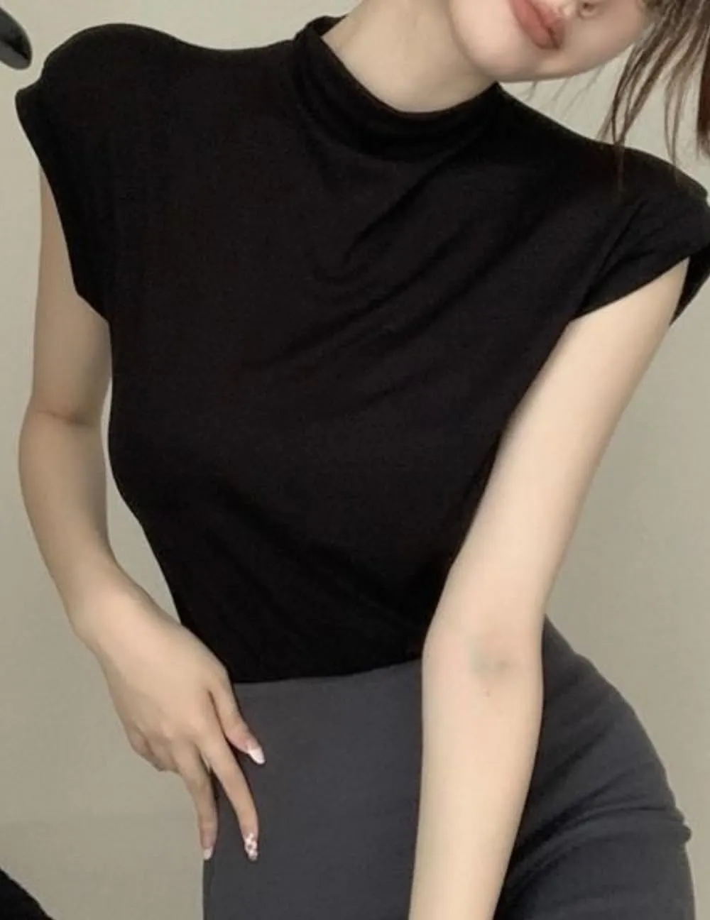 Womens Short Sleeve Knit Mock Neck Slim Fitted Ruched Basic Tees Tee Shirt S-L