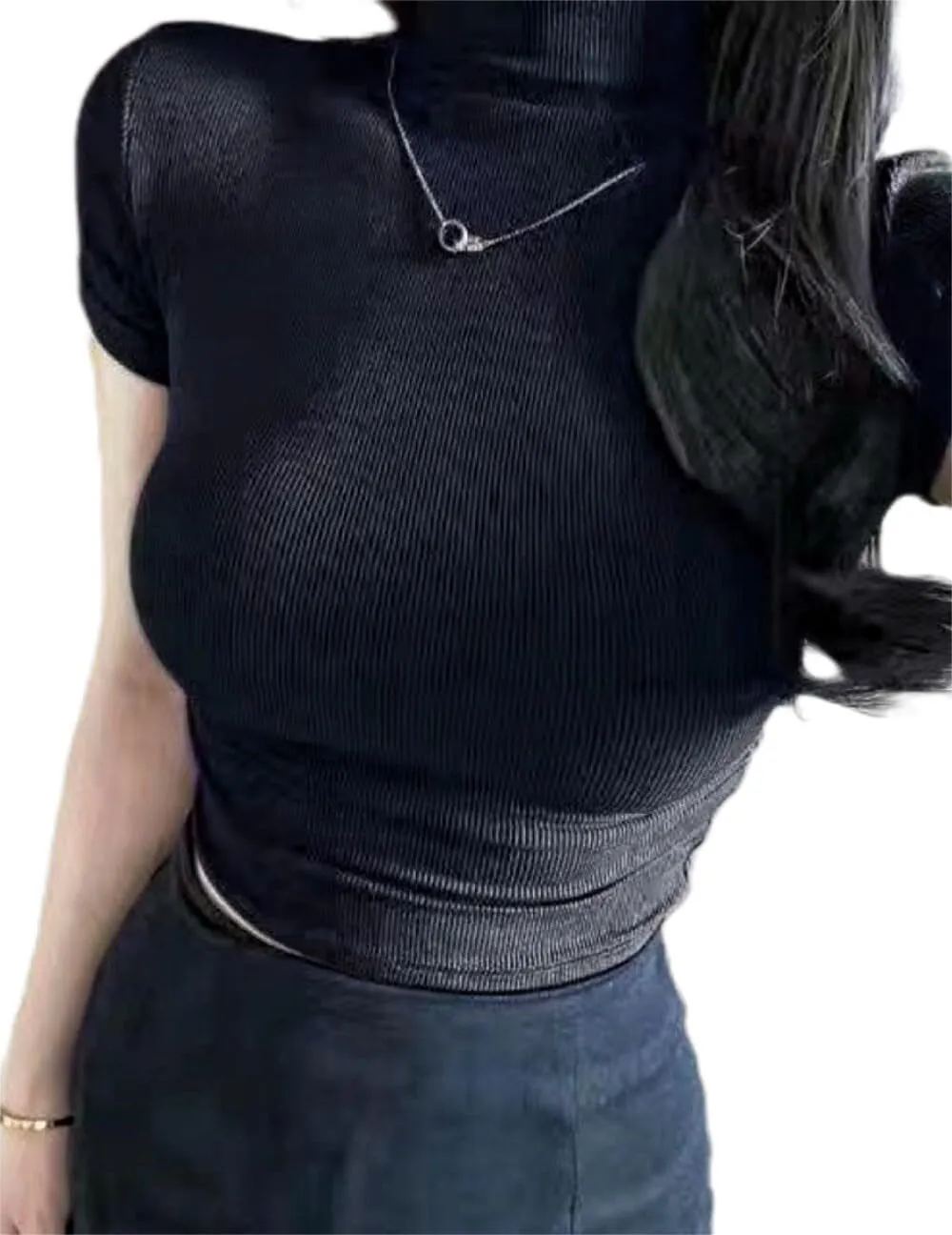 Womens Short Sleeve Knit Mock Neck Slim Fitted Ruched Basic Tees Tee Shirt S-L
