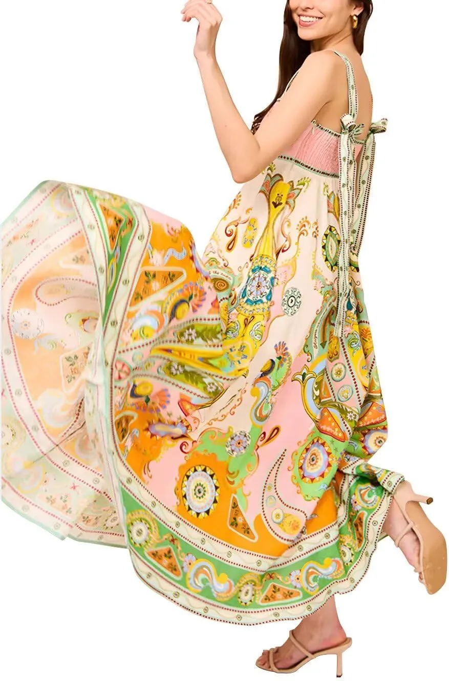 Womens Slip Boho Long Dresses Floral Spaghetti Strap Maxi Dress Summer Beach Daily Sundress with Plus Size