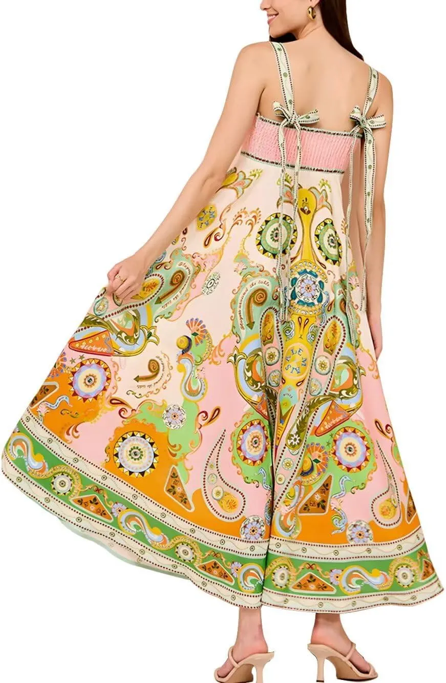 Womens Slip Boho Long Dresses Floral Spaghetti Strap Maxi Dress Summer Beach Daily Sundress with Plus Size