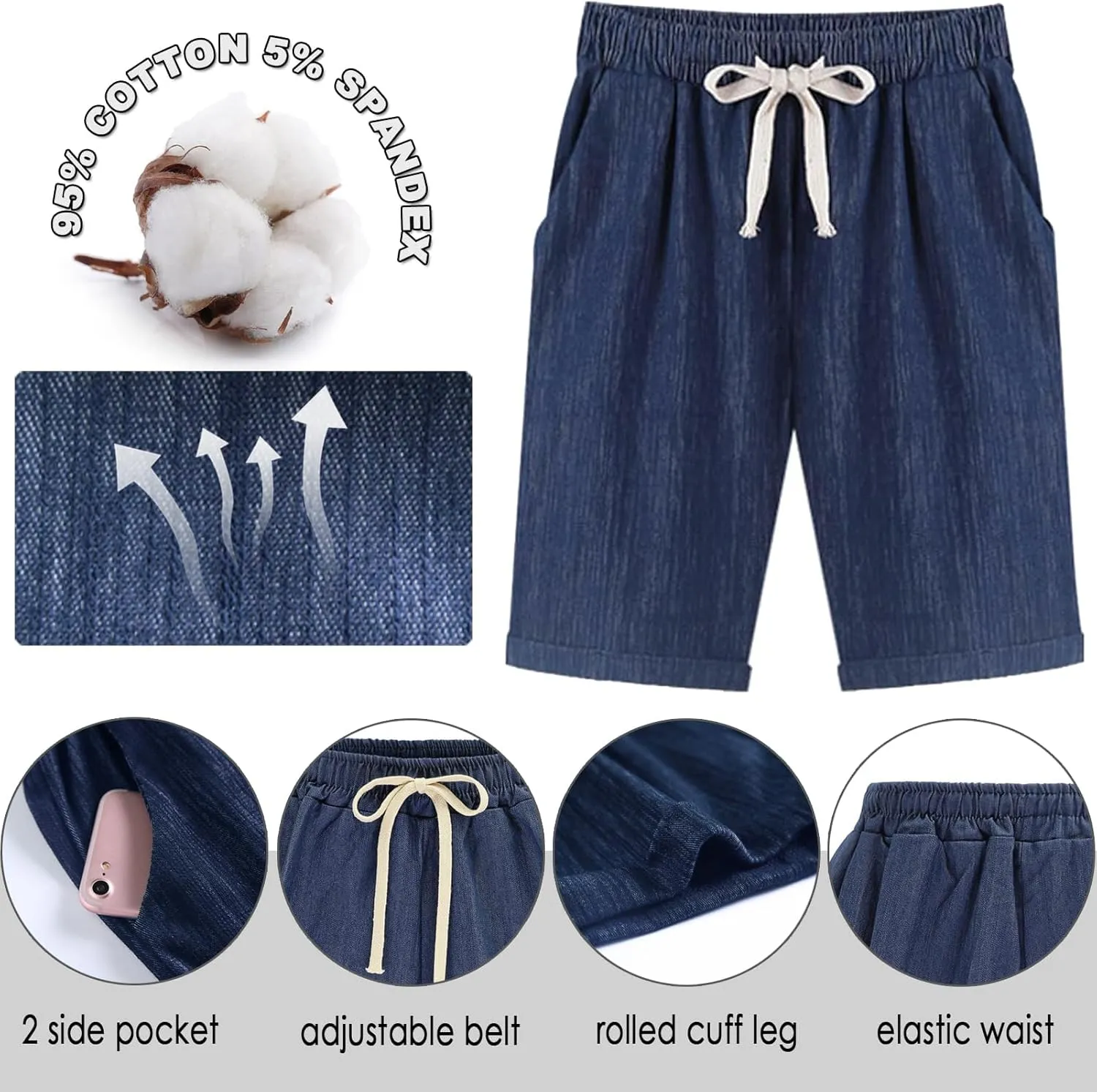 XinYangNi Women's Elastic Waist Casual Comfy Cotton Linen Beach Shorts with Drawstring Knee Length Curling Bermuda Shorts