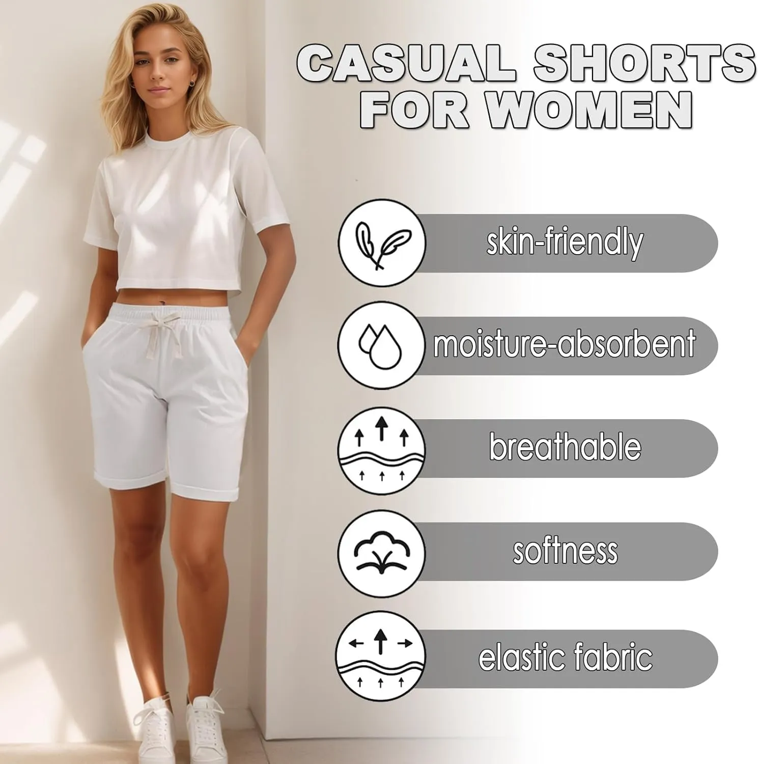 XinYangNi Women's Elastic Waist Casual Comfy Cotton Linen Beach Shorts with Drawstring Knee Length Curling Bermuda Shorts