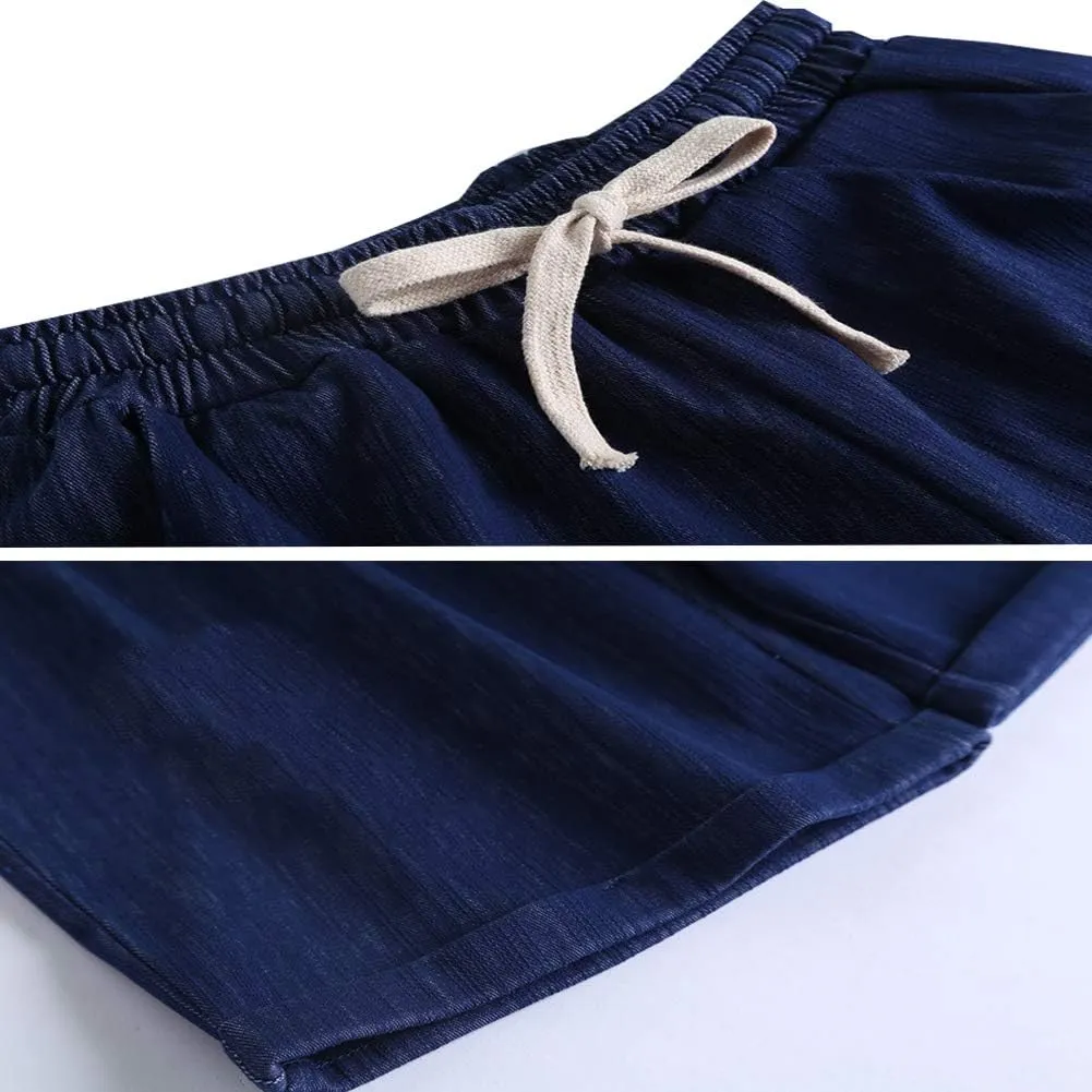 XinYangNi Women's Elastic Waist Casual Comfy Cotton Linen Beach Shorts with Drawstring Knee Length Curling Bermuda Shorts