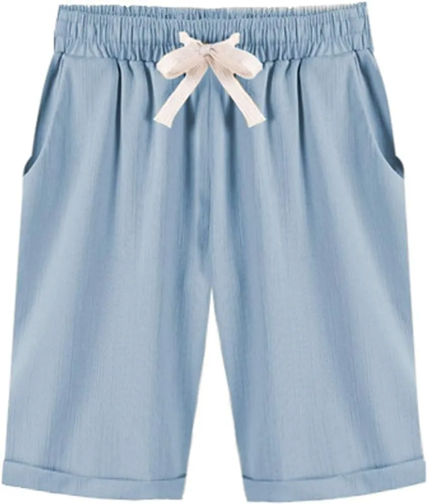 XinYangNi Women's Elastic Waist Casual Comfy Cotton Linen Beach Shorts with Drawstring Knee Length Curling Bermuda Shorts