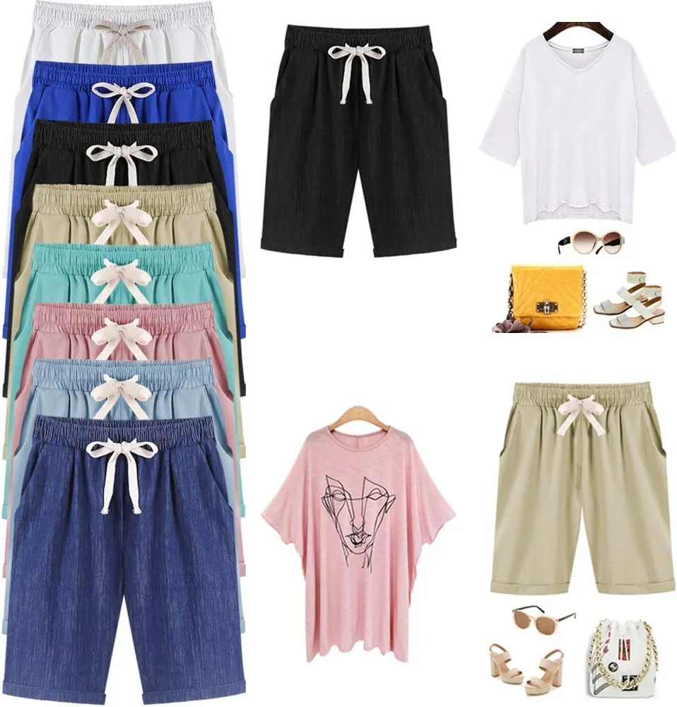 XinYangNi Women's Elastic Waist Casual Comfy Cotton Linen Beach Shorts with Drawstring Knee Length Curling Bermuda Shorts