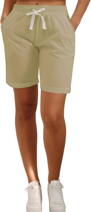 XinYangNi Women's Elastic Waist Casual Comfy Cotton Linen Beach Shorts with Drawstring Knee Length Curling Bermuda Shorts