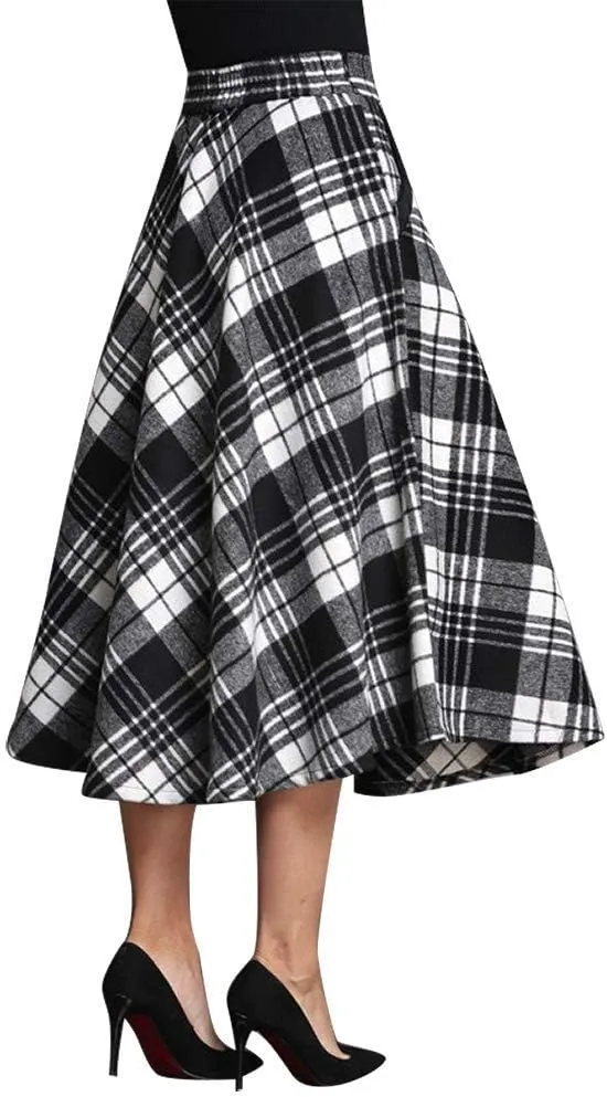 Ylingjun Long Plaid Wool Skirt for Womens Winter Fall High Elastic Waist A Line Flared Pleated Wool Skirts