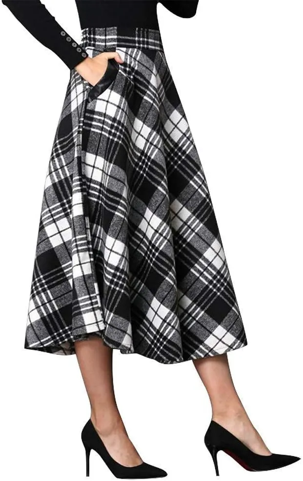 Ylingjun Long Plaid Wool Skirt for Womens Winter Fall High Elastic Waist A Line Flared Pleated Wool Skirts