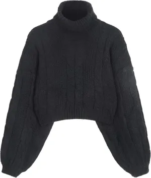 ZAFUL Women's Cropped Turtleneck Sweater Lantern Sleeve Ribbed Knit Pullover Sweater Jumper