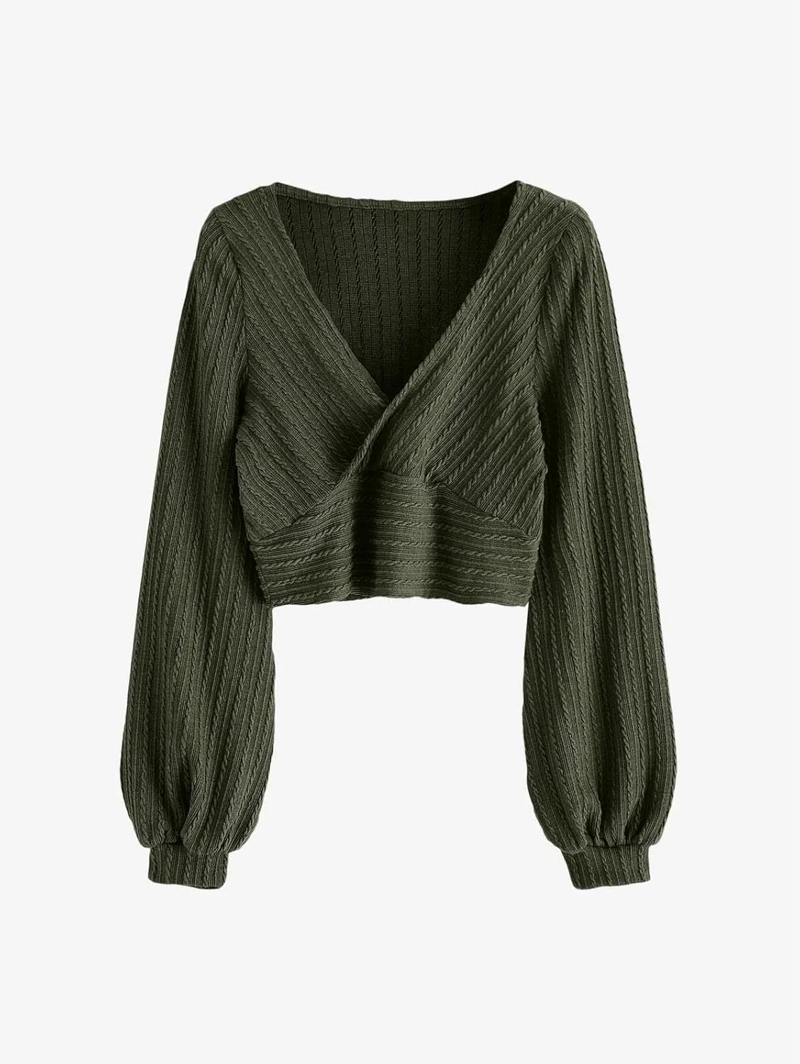 ZAFUL Women's Pullover Ribbed Cropped Knitwear Drawstring Ruched Knitted Crop Top Solid V-Neck Long Sleeve T-Shirt