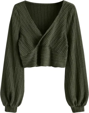 ZAFUL Women's Pullover Ribbed Cropped Knitwear Drawstring Ruched Knitted Crop Top Solid V-Neck Long Sleeve T-Shirt