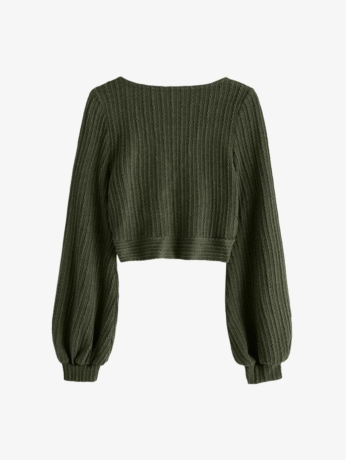 ZAFUL Women's Pullover Ribbed Cropped Knitwear Drawstring Ruched Knitted Crop Top Solid V-Neck Long Sleeve T-Shirt