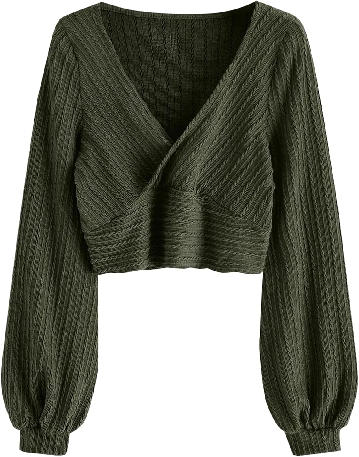 ZAFUL Women's Pullover Ribbed Cropped Knitwear Drawstring Ruched Knitted Crop Top Solid V-Neck Long Sleeve T-Shirt